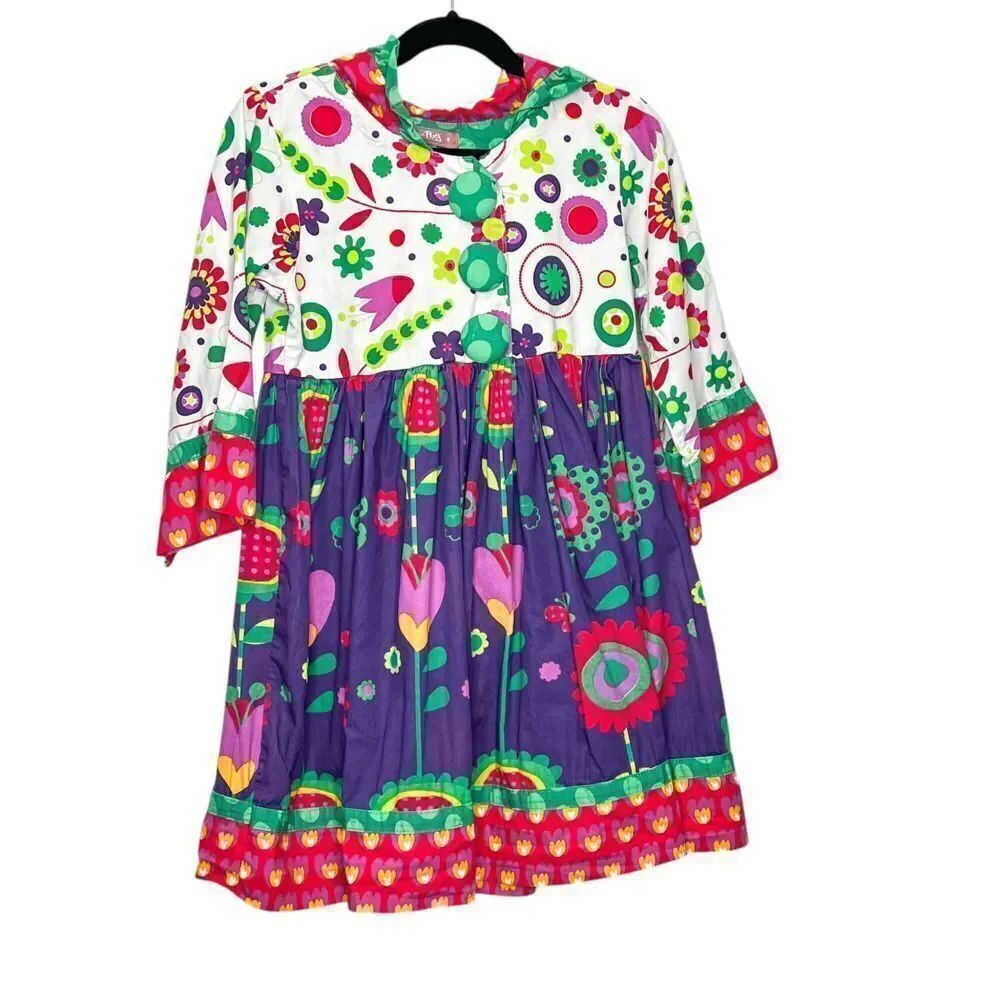 Jelly The Pug Girls Spring Floral Hooded Ruffle Tunic Dress Size 6